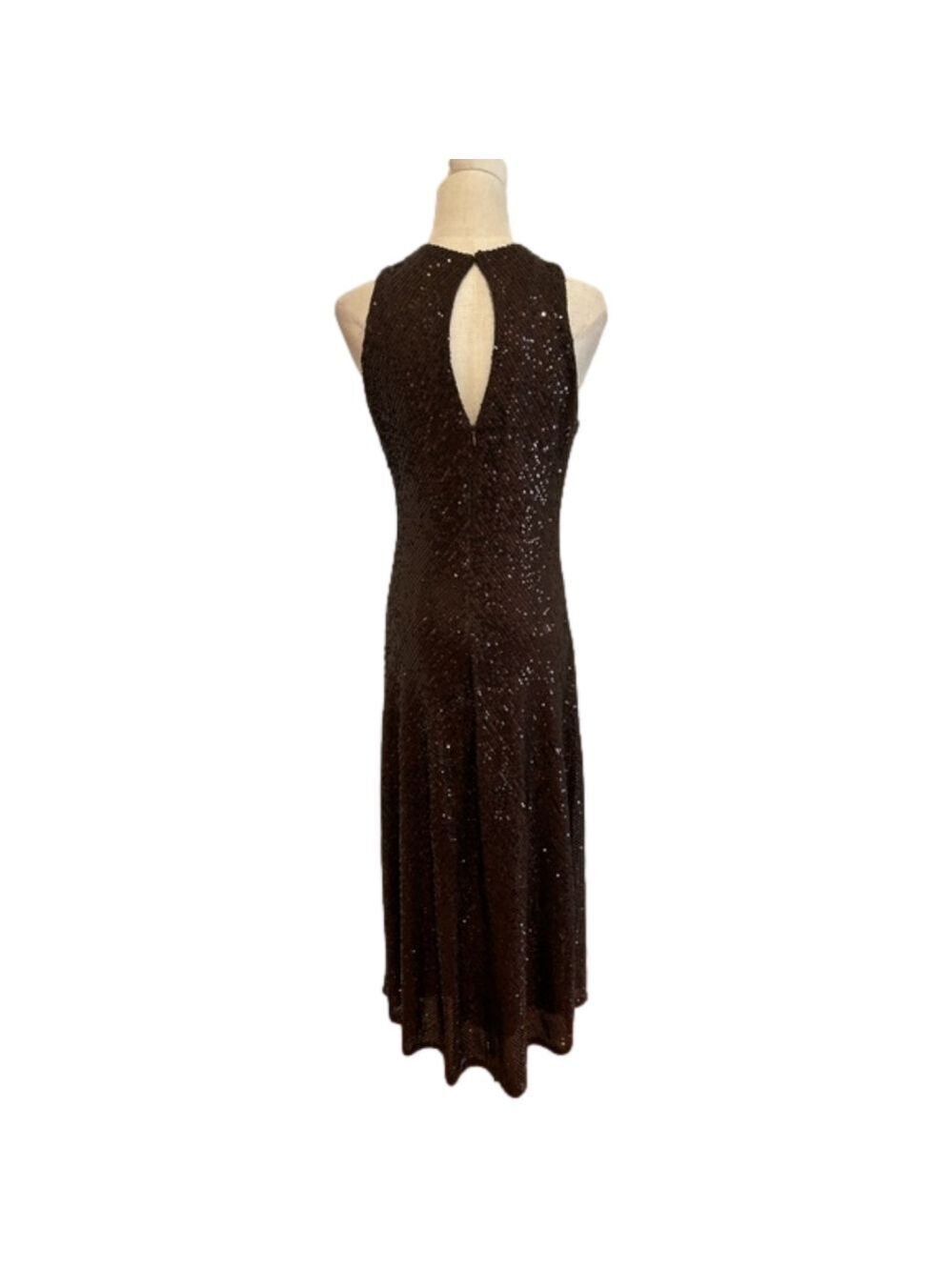 Y2K BROWN SEQUIN MAXI DRESS W KEYHOLE BACK GLAMOROUS GOWN MINIMALIST STYLE M